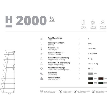 Metaliniai lauko vazonai miestams su drenažo sistema 'H-2000mm_1/2 / 9vnt.' 