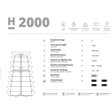 Metaliniai lauko vazonai miestams su drenažo sistema 'H-2000mm / 9vnt.' 