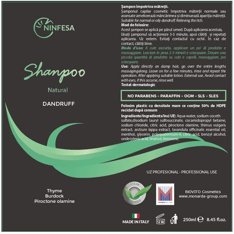 'NINFESA' Bio Natural Pityremove Anti-dandruff Shampoo, Intensyvaus poveikio šampūnas nuo pleiskanų ir seborėjos su čiobrelių, didžiosios varnalėsos ekstraktais ir piroktono olaminu, 250ml