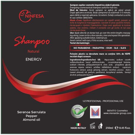 NINFESA Energizzante Shampoo Anti-Hairloss, Šampūnas nuo plaukų slinkimo su Serenojinių palmių ekstraktu, pipirais, migdolų aliejumi, 250ml