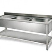 Nerūdijančio plieno stalas su dviem plautuvėm ir lentyna (700 mm gylio)