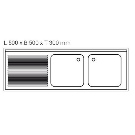 Nerūdijančio plieno stalas 180cm ilgio su plautuve 2vnt. (50x50x30cm) ir lentyna 700mm gylio