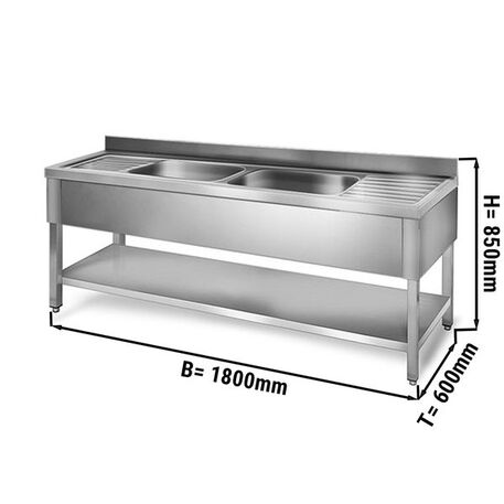 Nerūdijančio plieno stalas 180cm ilgio su plautuve 2vnt. (50x40x25cm) ir lentyna 600mm gylio