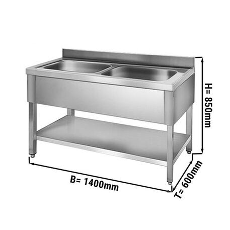 Edelstahltisch 140cm lang mit Spülbecken 2tlg. (50x40x25cm) und ein Regal 600mm tief