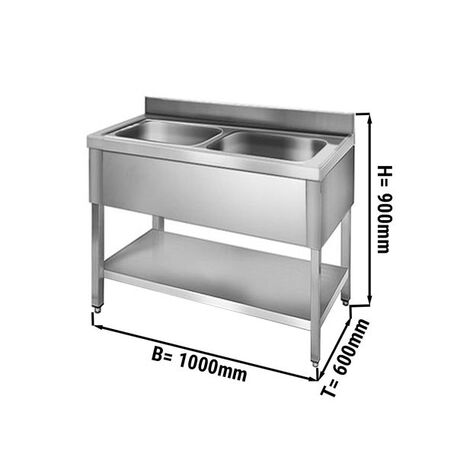 Edelstahltisch 100cm lang mit Spülbecken 2tlg. (40x40x25cm) und ein Regal 600mm tief