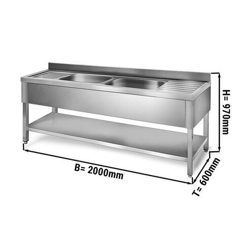 Nerūdijančio plieno stalas 200cm ilgio su plautuve 2vnt. (50x40x25cm) ir lentyna 600mm gylio