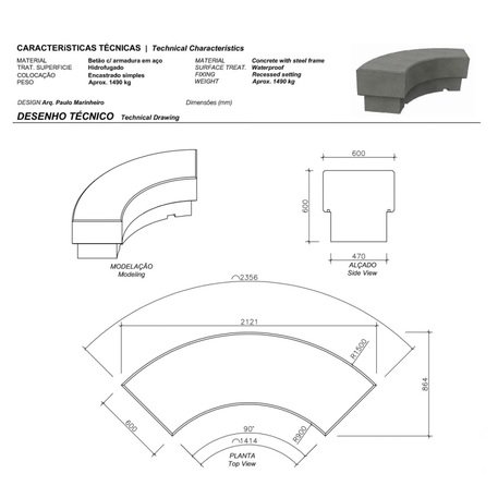 Lauko betoninis suolas 'AVEIRO / Curved Bench R150 - 90º'