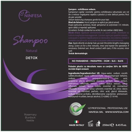 'NINFESA' Bio Natural Detoxy Plus Shampoo sebum-balancing action, Shampoo detergente e detossinante agli estratti di ortica, rosmarino, bardana, 250ml