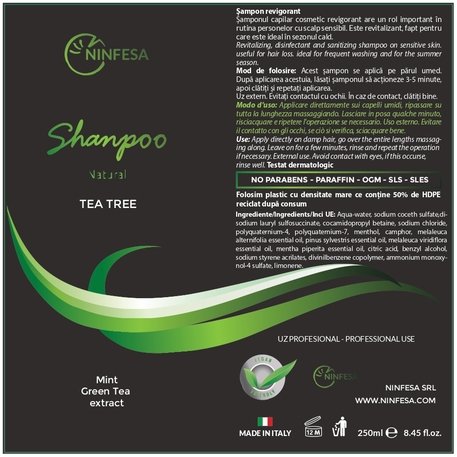 'NINFESA' Bio Natural Tea Tree Shampoo, Освежающий, дезинфицирующий шампунь для чувствительной кожи перед выпадением волос с маслом чайного дерева, экстрактом мяты, 250мл