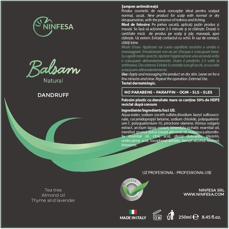 'NINFESA' Bio Natural Pityremove Anti-dandruff Shampoo Cream, Kreemjas kõõmavastane šampoon piparmündi, tüümiani, teepuu, mandli, lavendliõliga, 250ml