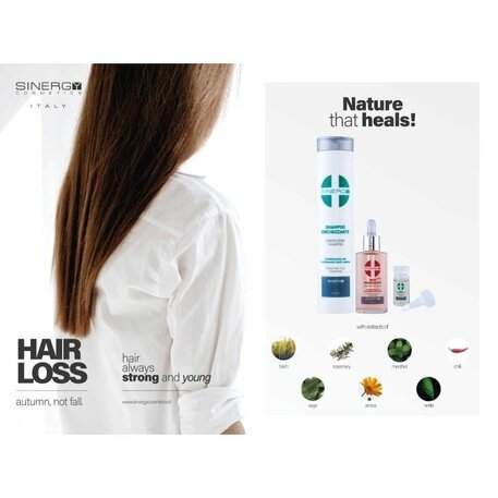 'SINERGY Cosmetics' Anti-Hair Loss Energyzing Shampoo, Juuste väljalangemise vastane šampoon kase, piparmündi, salvei, rosamriini ekstraktidega, 250ml