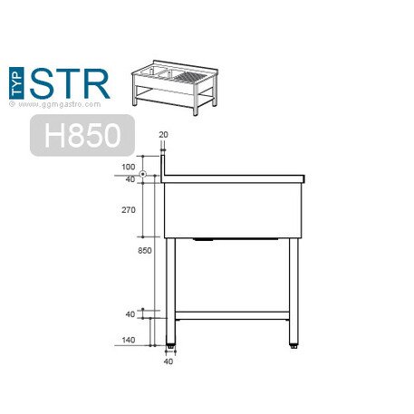 Edelstahltisch 0.6m lang mit Spüle (50x40x25cm) und Ablage, 600mm tief