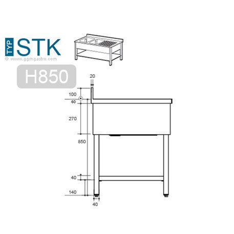 Edelstahltisch 100cm lang mit Spüle (50x40x25cm) und Ablage, 600mm tief