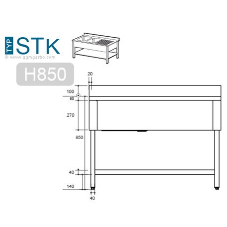 Tavolo in acciaio inox lungo 120cm con lavello (50x40x25cm) e ripiano, profondo 600mm