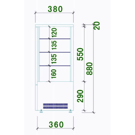 Vertikali šaldoma kvadratinė vitrina (45L +2°C /+ 10°C) 