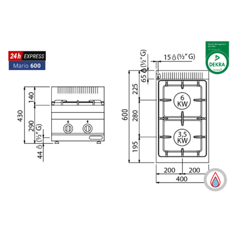 Dujinė viryklė 'Mario / 600' (2 vnt. kaitvietėmis / 9.5kW)