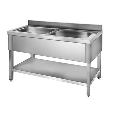 Tavolo in acciaio inox lungo 140cm con lavelli 2pz. (50x40x25cm) e un ripiano profondo 600mm