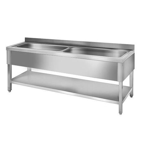 Stainless steel table with bathtub and shelf 180cm (600mm deep)