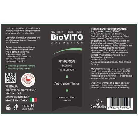  BiOVITO Cosmetics / Rebitalia Bio Natural Pityremove Anti-dandruff Lotion, Интенсивный лосьон против перхоти и себореи с экстрактами розмарина, лаванды и тимьяна, 100мл