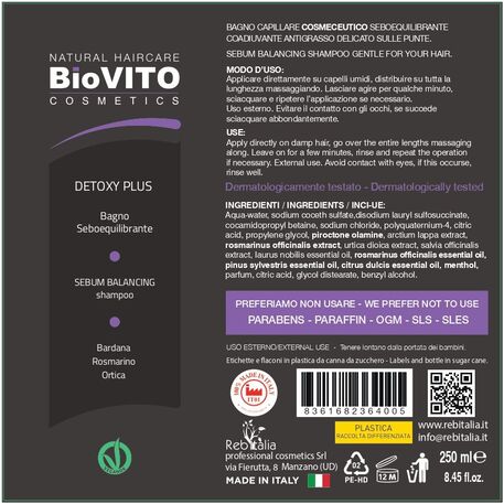'BiOVITO Cosmetics’ Bio Natural Detoxy Plus Shampoo sebum-balancing action, Valantis ir detoksikuojantis šampūnas su didžiosios dilgėlės, rozmarino, didžiosios varnalėšos ekstraktais, 250ml