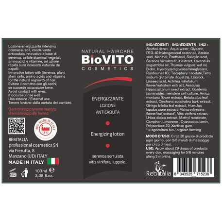 'BiOVITO Cosmetics’ Bio Natural Energizzante Lotion Anti-Hairloss, Lozione Anticaduta con Palma Sereno, Veri Germogli di Vite, Estratti di Luppolo, 100ml