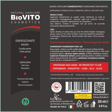 'BiOVITO Cosmetics / Rebitalia’ Bio Natural Energizzante Shampoo Anti-Hairloss, Шампунь от выпадения волос с сереноа серрулата, перец, миндальное масло, 250ml