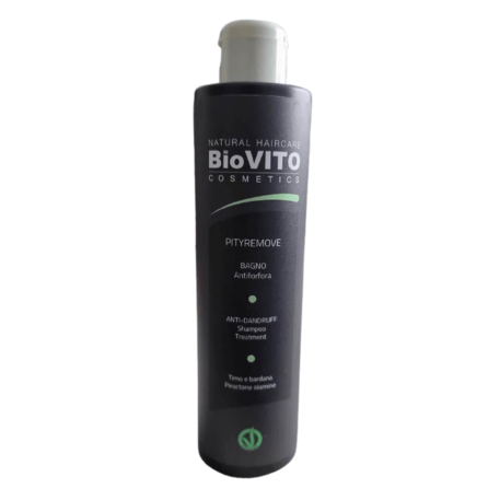 'BiOVITO Cosmetics’ Bio Natural Pityremove Anti-dandruff Shampoo - Intensyvaus poveikio šampūnas nuo pleiskanų ir seborėjos su čiobrelių, didžiosios varnalėsos ekstraktais ir piroktono olaminu, 250ml