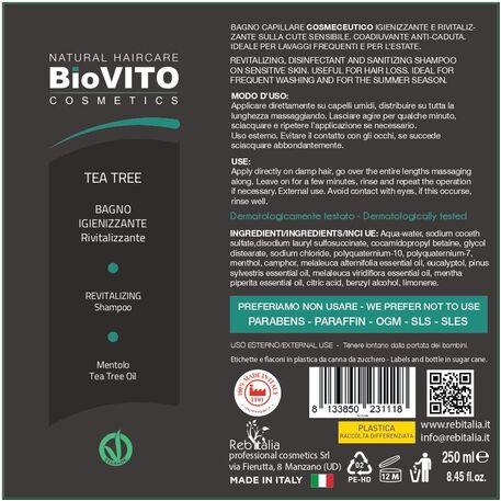 BiOVITO Cosmetics Bio Natural Tea Tree Shampoo, Odświeżający, dezynfekujący szampon do skóry wrażliwej przed wypadaniem włosów z olejkiem z drzewa herbacianego, ekstraktem z mięty, 250ml
