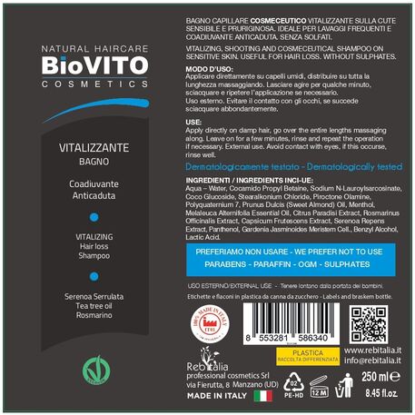 'BiOVITO Cosmetics / Rebitalia’ BiO Natural Vitalizzante Shampoo Anti-Hairloss, Shampoo zur Haarpflege gegen Haarausfall mit grünem Tee, Minze, Rosmarin, Mandelöl, 250ml