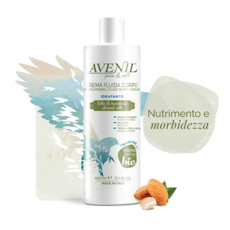 ‘Avenil’ Moisturizing Fluid Body Cream Drėkinantis skystas kūno kremas su migdolais, avižomis 400ml