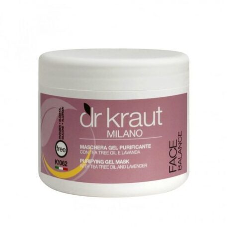 ‘Dr. Kraut Milano’ Purifying Gel Mask with Tea Tree Oil and Lavender, Atkuriamasis veido gelis kaukė kremas riebiai, mišriai odai su arbatmedžio, levandų aliejumi, 500ml