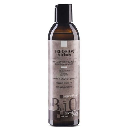  SINERGY Cosmetics  B.iO Essential Oils Remedy Tri-Detox Hair Bath – Detossifying Shampoo, Valomasis šampūnas su arbatmedžiu, rozmarinu, 250ml